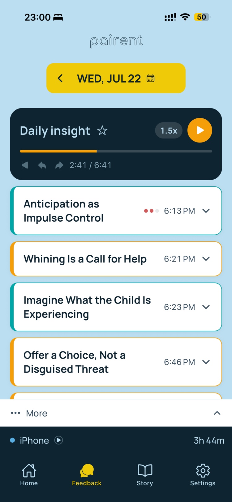 Pairent feedback screen: the day’s coaching insights, ready to open
