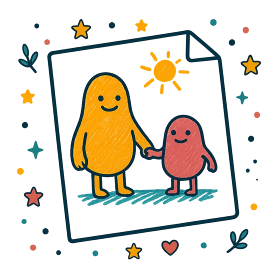 A child's crayon drawing of a grown-up and a child holding hands