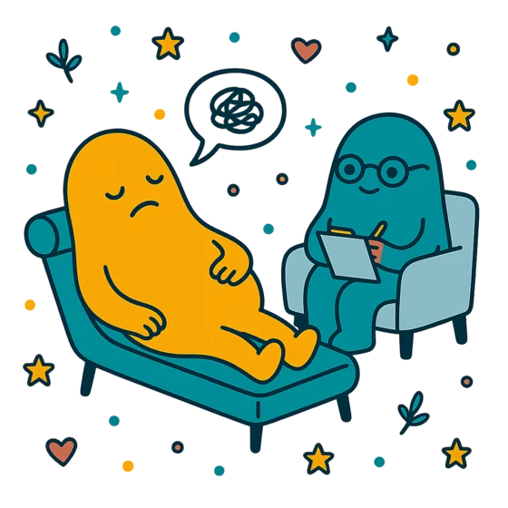 A parent lying on a therapist's couch while a therapist takes notes